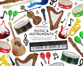 Music Watercolor Cliparts, Musical Instruments, Musician Clipart, Musician Planner, Music Planner, Music Stickers, Instruments Stickers