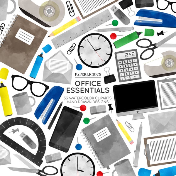 Office Watercolor Clipart, Office Elements, School Clipart, Secretary Clipart, Office Work, Stationery Clipart, Office Accessories
