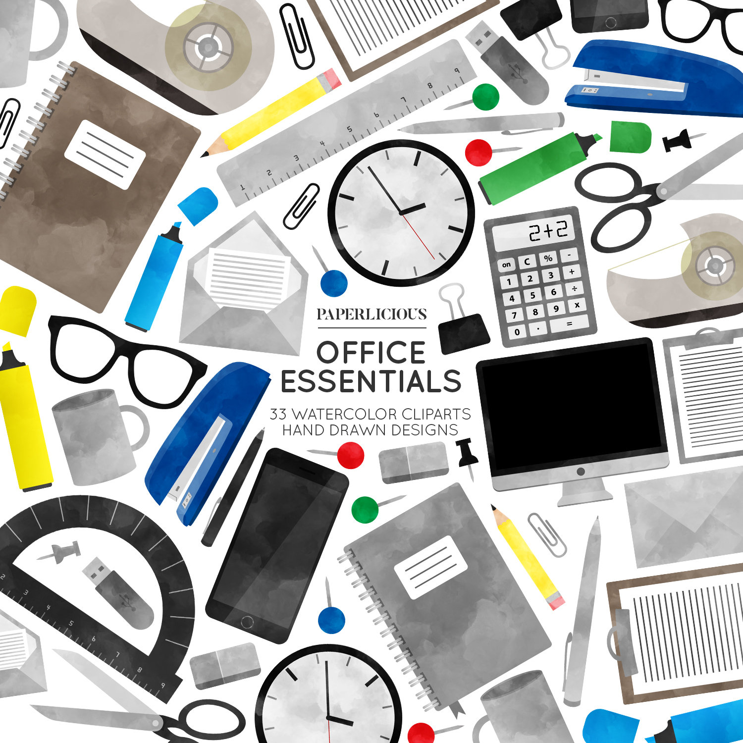 Watercolor Office Supplies Clipart, Work Clipart, Secretary