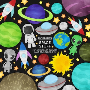 Space Watercolor Cliparts, Astronaut Clipart, Ufo Clipart, Galaxy Cliparts, Planets Cliparts, Aliens Cliparts, Rocket Clipart