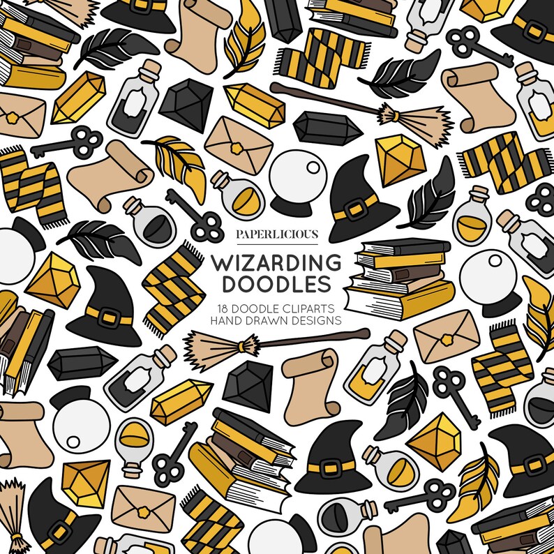 May include: A whimsical illustration featuring hand-drawn wizarding doodles. The design includes black witch hats, golden crystals, scrolls, keys, potion bottles, and striped scarves. The text reads "WIZARDING DOODLES" and "18 DOODLE CLIPARTS HAND DRAWN DESIGNS".