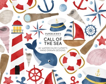 Nautical Watercolor Cliparts, Sailing Watercolor, Sea Clipart, Nautical Clipart, Nautical Planner, Sailboat Clipart, Anchor Clipart