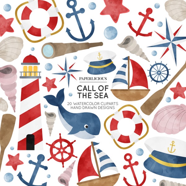 Nautical Watercolor Cliparts, Sailing Watercolor, Sea Clipart, Nautical Clipart, Nautical Planner, Sailboat Clipart, Anchor Clipart