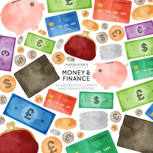 Soldi dell'acquerello Cliparts, finanziare Cliparts, Clip Art, opera d'arte dell'acquerello, illustrazione dei soldi, Piggybank Clipart, Clipart di monete di risparmio
