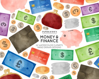 Money Watercolor Cliparts, Finance Cliparts, Saving Clip Art, Watercolor Artwork, Money Illustration, Piggybank Clipart, Coins Clipart