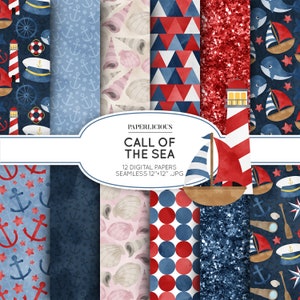 May include: Twelve digital papers with nautical themes. The papers feature various patterns including anchors, seashells, stars, lighthouses, sailboats, and polka dots in red, blue, and white.
