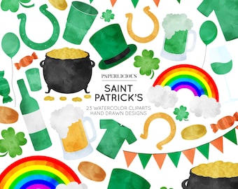 Saint Patricks Watercolor Cliparts, St Patty Clip Art, St Patricks Cliparts, St Patricks Planner, Pot Of Gold Sticker, Rainbow Stickers