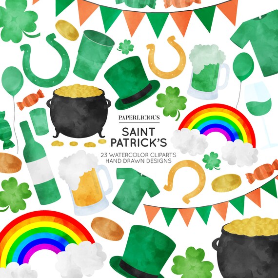 Saint Patricks Watercolor Cliparts, St Patty Clip Art, St Patricks Cliparts, St Patricks Planner, Pot Of Gold Sticker, Rainbow Stickers