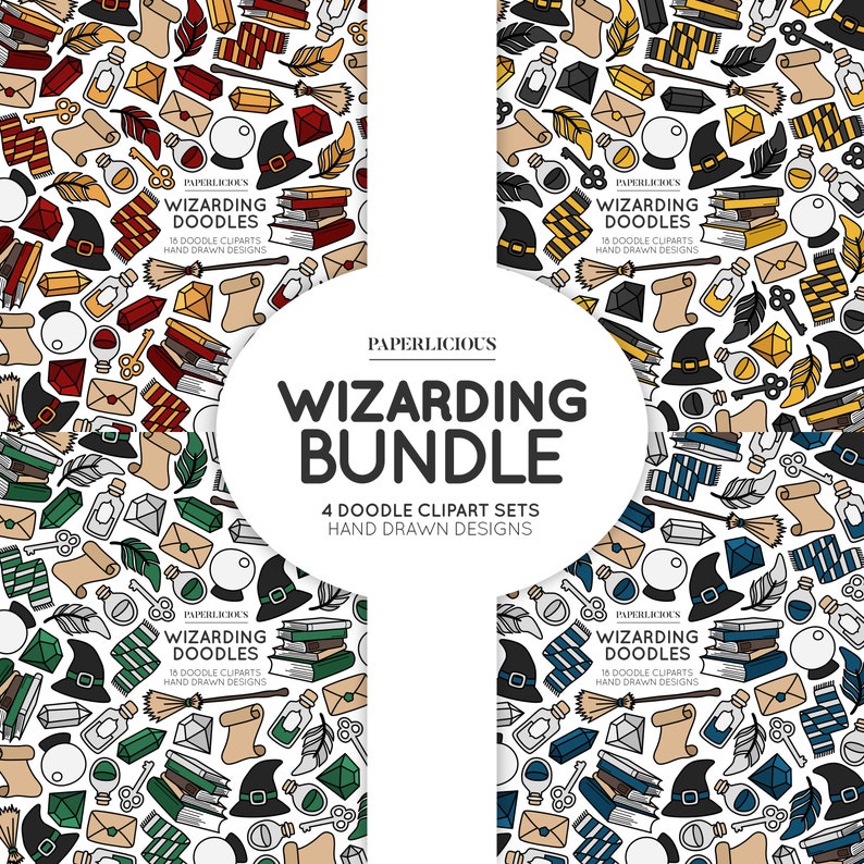 May include: A digital art bundle featuring four doodle clipart sets with hand-drawn designs. The image includes repeating patterns of wizarding-themed objects like hats, books, scrolls, and wands. The text "WIZARDING BUNDLE" is displayed.