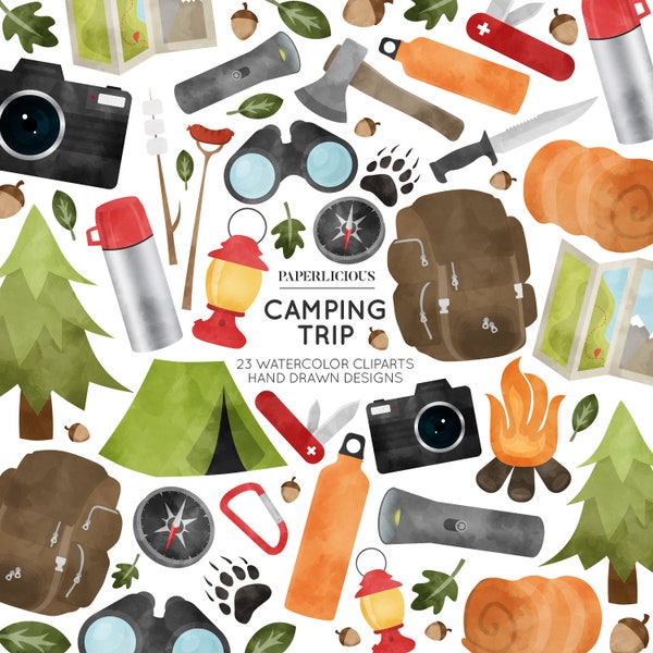 Camping Watercolor Cliparts, Camping Trip, Woodland Clip Art, Hiking Clip Art, Autumn Watercolor, Fall Cliparts, Survival Cliparts