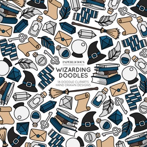 May include: A repeating pattern of hand-drawn wizarding-themed doodles on a white background. The illustrations include black witch hats, scrolls, books, feathers, potion bottles, crystals, keys, scarves, and a broom. The text reads "Paperlicious Wizarding Doodles".
