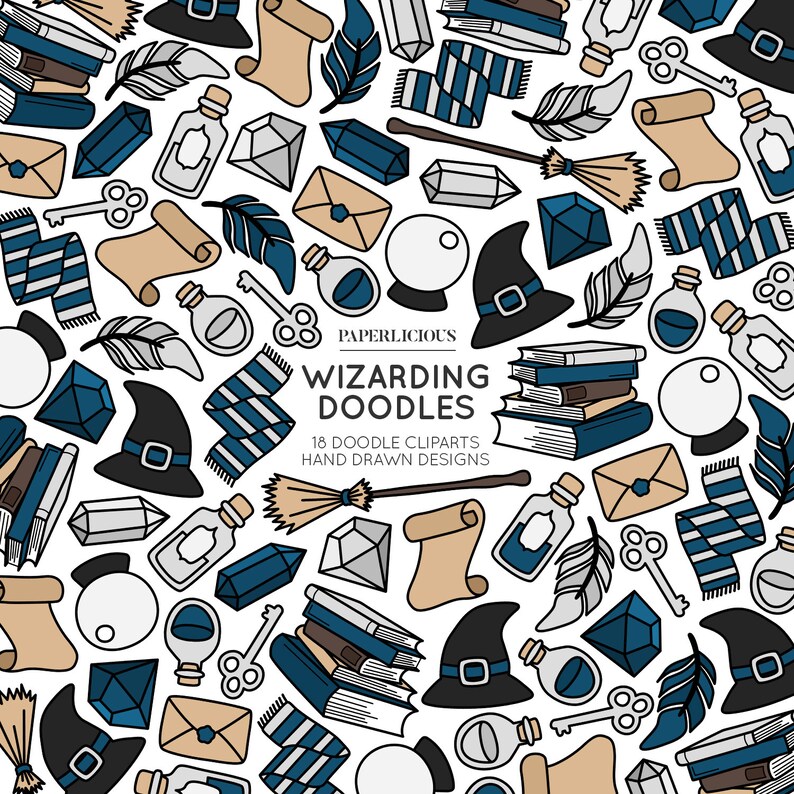 May include: A repeating pattern of hand-drawn wizarding-themed doodles on a white background. The illustrations include black witch hats, scrolls, books, feathers, potion bottles, crystals, keys, scarves, and a broom. The text reads "Paperlicious Wizarding Doodles".