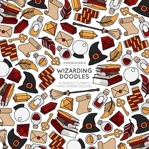May include: A repeating pattern of hand-drawn wizarding-themed doodles on a white background. The design includes wizard hats, books, scrolls, keys, potions, crystals, scarves, feathers, and a broom. The text "PAPERLICIOUS WIZARDING DOODLES" is also present.