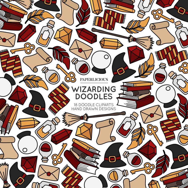 May include: A repeating pattern of hand-drawn wizarding-themed doodles on a white background. The design includes wizard hats, books, scrolls, keys, potions, crystals, scarves, feathers, and a broom. The text "PAPERLICIOUS WIZARDING DOODLES" is also present.