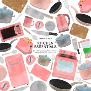 Clipart de aquarela de cozinha, ilustração de cozinha, clipart desenhado à mão, clipart de cozinha, clipart de cozimento, clipart de micro-ondas, utensílios de cozinha