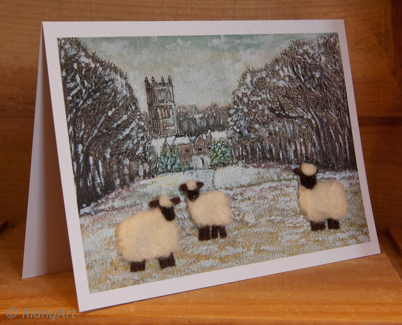 Cirencester Park Flock, Felted Wool, Sheep, Lamb, Rural Scene, Gift, Art Card image 2