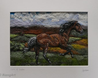 Spirit of freedom, Felted Wool, Gift, Mounted Original, Felt Art, Felted rural landscape, Bay Horse, Rolling Hills, Clouds