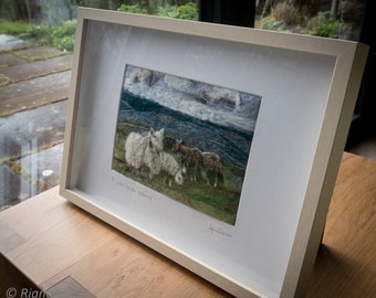 A Welsh hillside gathering, Felted Wool, Gift, Framed, Felt Art, Felted rural landscape, Welsh mountain sheep, Welsh mountain ponies