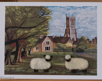 Park life, Cirencester : Felted Wool, Sheep, Countryside scene, Market town, Gift, Art Card