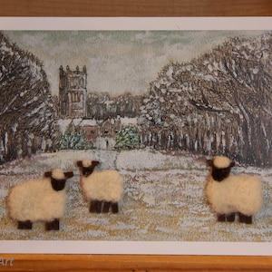 Carte d'art troupeau de Cirencester Park, laine feutrée, mouton, agneau, scène rurale, cadeau, oeuvre d'art