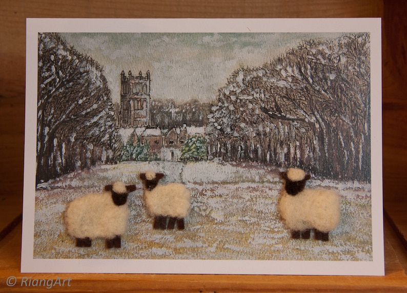 Cirencester Park Flock, Felted Wool, Sheep, Lamb, Rural Scene, Gift, Art Card image 1