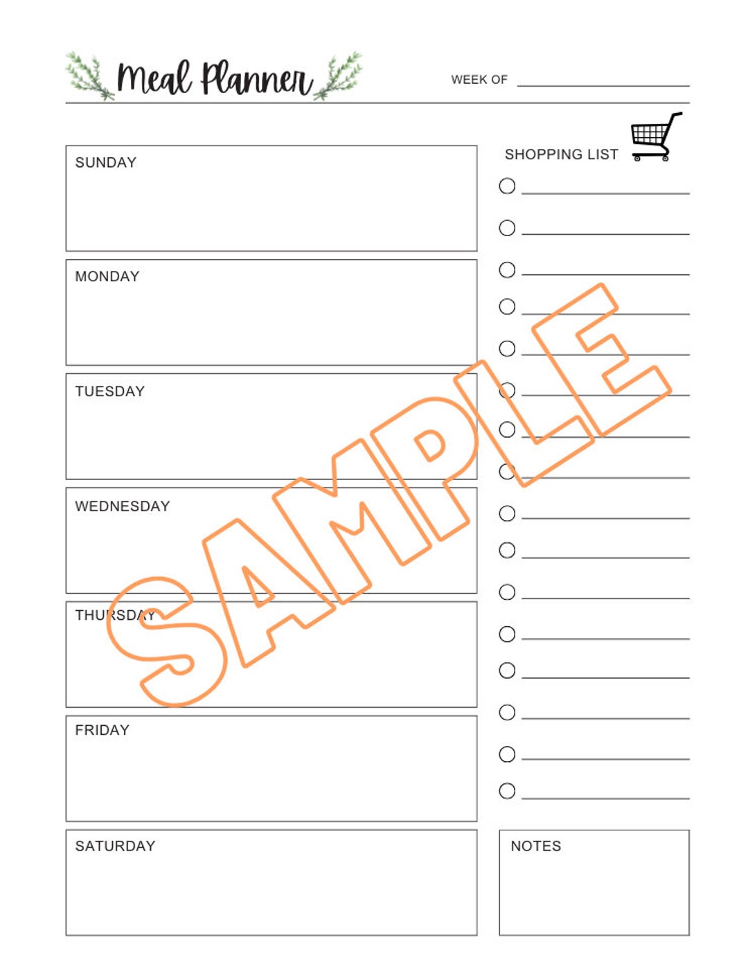 Printable Weekly Meal Planner With Shopping List (digital Download) - Etsy