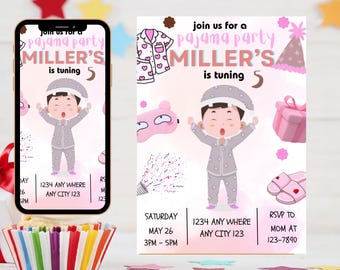 Pajama Birthday Invitation, Editable Pajama Party Teen Birthday Invitation, Minimalist Sleepover Pajama Invite, Kids Birthday Invitation