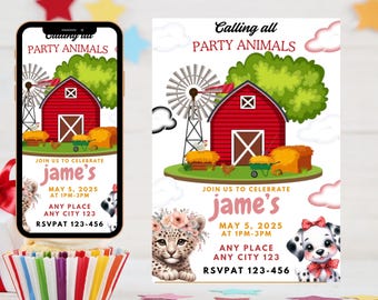 May include: A party invitation with a red barn, windmill, and cartoon animals. The invitation reads "Calling all PARTY ANIMALS" and includes event details: date, time, location, and RSVP information. A cupcake with colorful stripes is in the foreground.