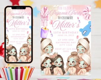 Pajama Party Birthday Invitation,  Spa Tween Teen Sleepover Slumber Birthday Party Invitation, girls party invite, EDITABLE Instant download
