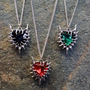 Spiked Heart Gothic Silver Necklace | Barbed Heart Pendant | Dark Aesthetic | Punk Emo Jewellery | Edgy Jewelry | Red, Green, Black Heart
