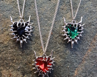 Spiked Heart Silver Necklace | Gothic Gemstone Pendant Spikey Love Heart Jewellery | Stocking Filler