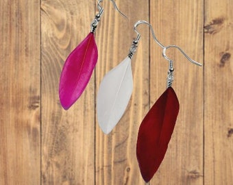 Mini Goose Feather Pair Drop Earrings | Hot Pink - White - Burgundy Choices | Dainty Goose Feather Jewellery | Lightweight Boho Earrings