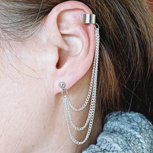 Boucles d'oreilles pendantes argentées à 3 chaînes | Oreille | Chaîne | Manchette | Bijoux | Émo | gothique | Steampunk | Cadeaux unisexe