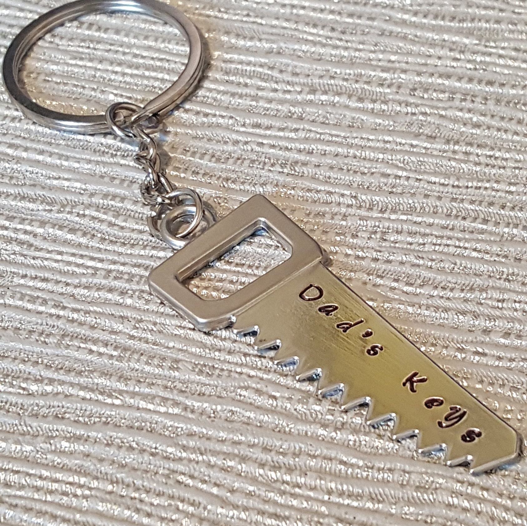 Personalised hand stamped saw key ring gift birthday for Etsy