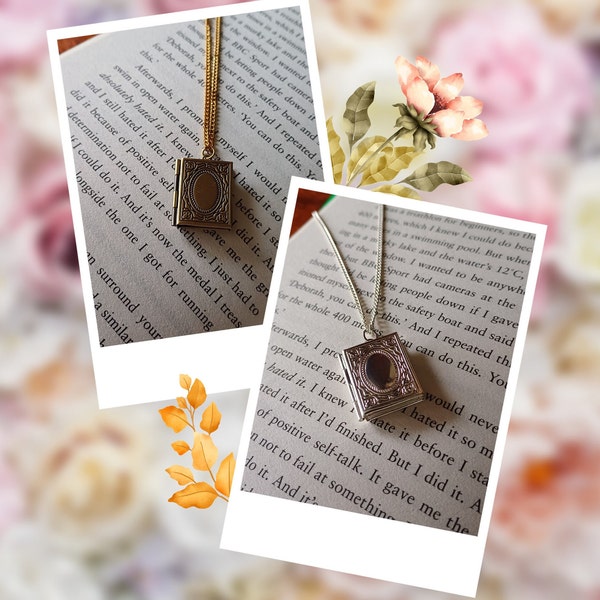 Antique Bronze or Silver Plated Book Locket Frame Pendant Necklace on Gold or Silver Plated Chain | Necklace Gift | Custom Gift For Her