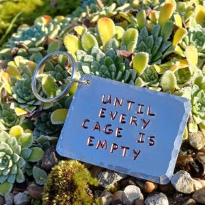 May include: A rectangular silver keychain with a silver keyring. The keychain has the phrase "UNTIL EVERY CAGE IS EMPTY" in copper-colored letters. The background features green and yellow succulents and small rocks.