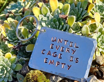 May include: A silver rectangular keyring with the phrase "UNTIL EVERY CAGE IS EMPTY" in copper-coloured letters. The background features green and yellow succulents and small rocks. The keyring is attached to a silver ring.