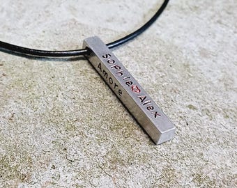 Collana in pelle con barra in argento a 4 lati personalizzata / Regalo di anniversario per uomo