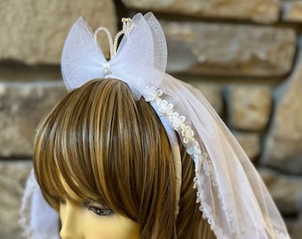 Handmade Bridal Princess Crown, White Headband with Attached Veil, Rhinestone Crown Headband, Simple Short Bridal Veil Headband