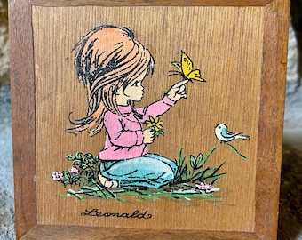 Vintage 1970s Leonald Painting of Girl on Wood, Retro Mod Kitschy 70s Decor, Desk or Wall 1970s Brady House Art, Groovy Girl Painting