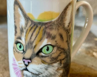 Taza de té de porcelana vintage con forma de gato, gato de ojos verdes, taza de café con gatito, regalos para amantes de los gatos, gatitos vintage.