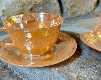 Vintage 1950s Anchor Hocking Fire King Lustreware Peach Laurel Teacup and Saucer, Set of Two, Gorgeous MCM Mid Century Teacups, Housewarming
