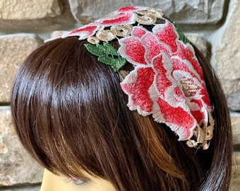 Breites Besticktes Stirnband, Braut Haarband, Hochzeit Haarband, rotes Florales Stirnband, Damen Stirnbänder, Ausgehöhltes Stirnband, ausgefallene Stirnbänder