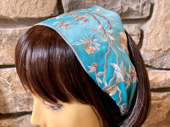 Extra Wide Aqua Blue Embroidered Headband, Gorgeous Handmade  display picture 1