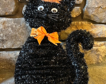 Vintage Halloween Black Cat, Tinsel and Wire Cat, Halloween Decorations, Black Cat Wall Decor, Halloween Wreath Door, Vintage 1970 Halloween