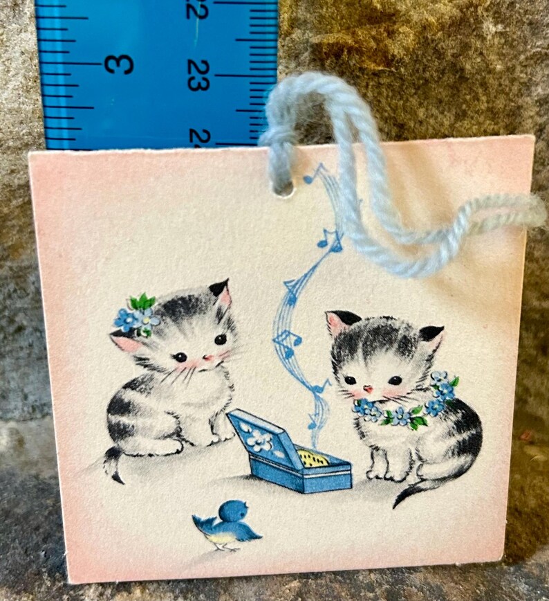 May include: A small, pink gift tag featuring two adorable kittens with black and white fur. The kittens are adorned with blue floral accents and are near a blue music box. A blue bird is also present. The tag has a light blue string.