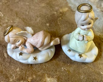 Vintage Lefton Christopher Collection Angel Figurines, Set of Two, Sleeping Angels, 1960s Taiwan, Tiny Ceramic Angel Figurines