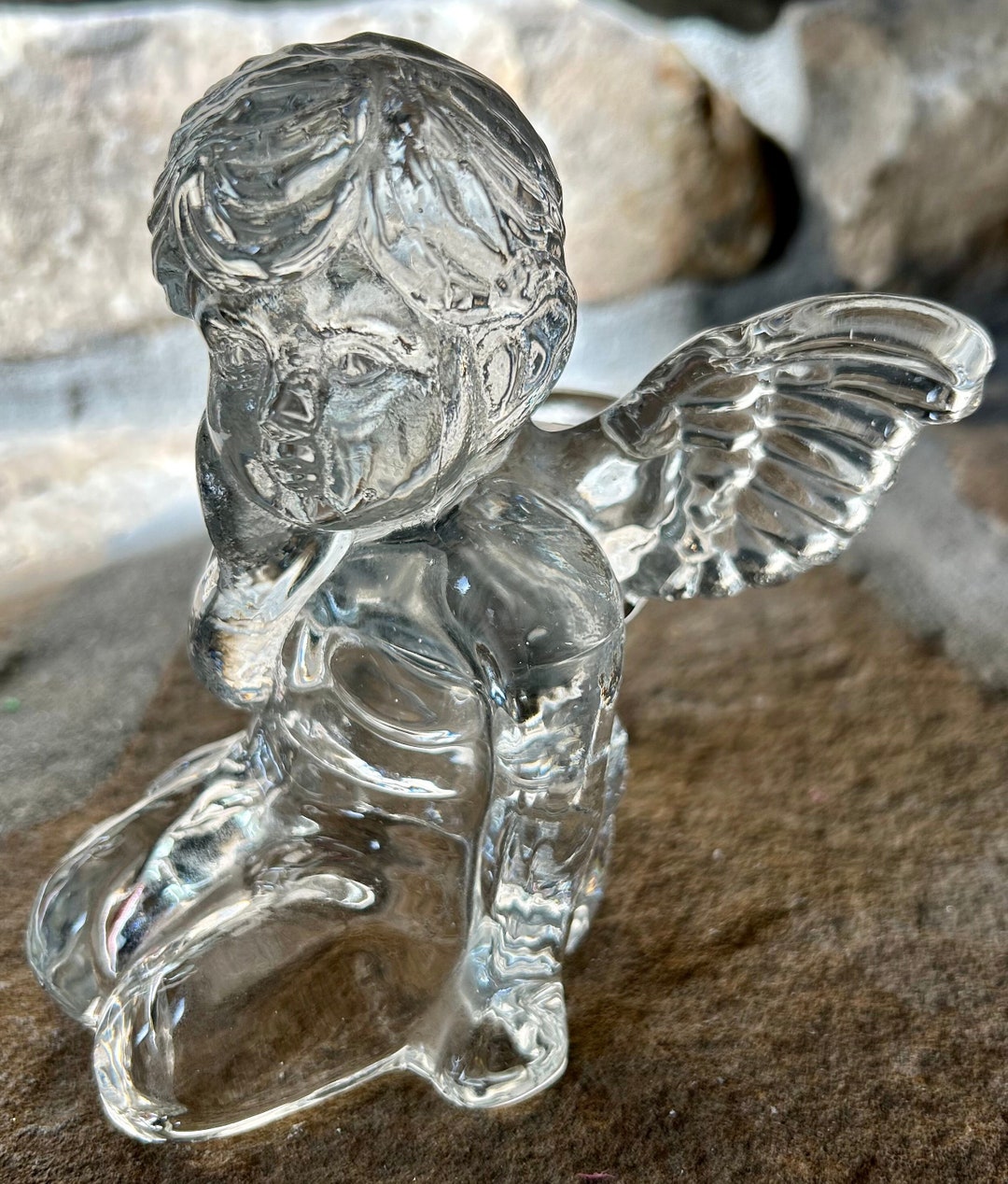 Vintage Crystal Boy Angel Cherub Candle Holder, HEAVY Glass Angel