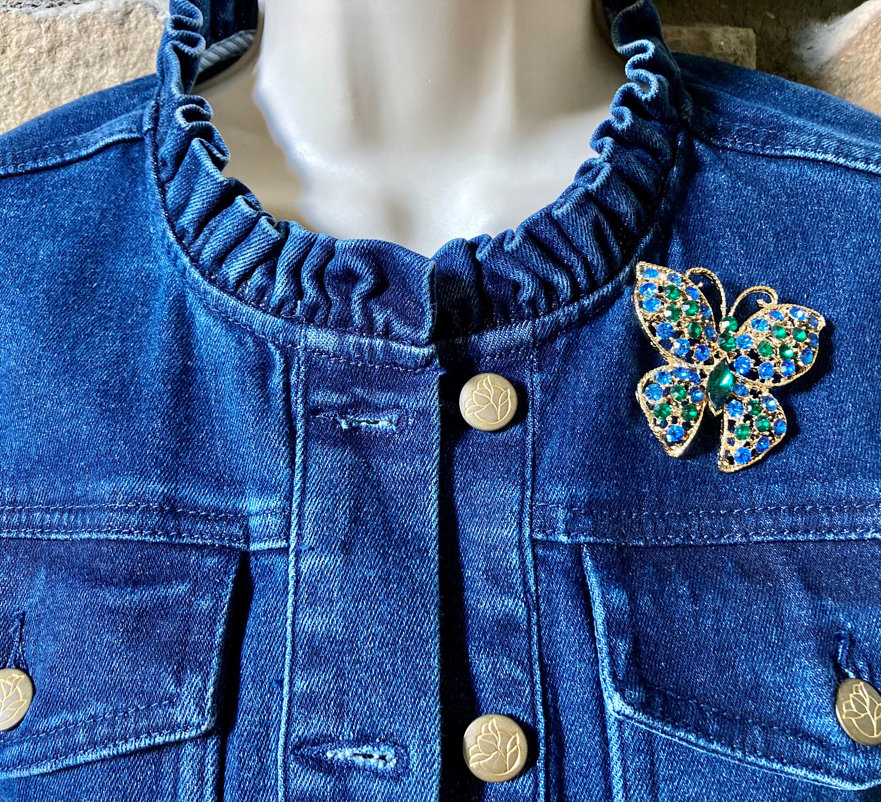 Broche Papillon Vintage - Strass Vert Clair - Grande Taille - Bon état - Occasion