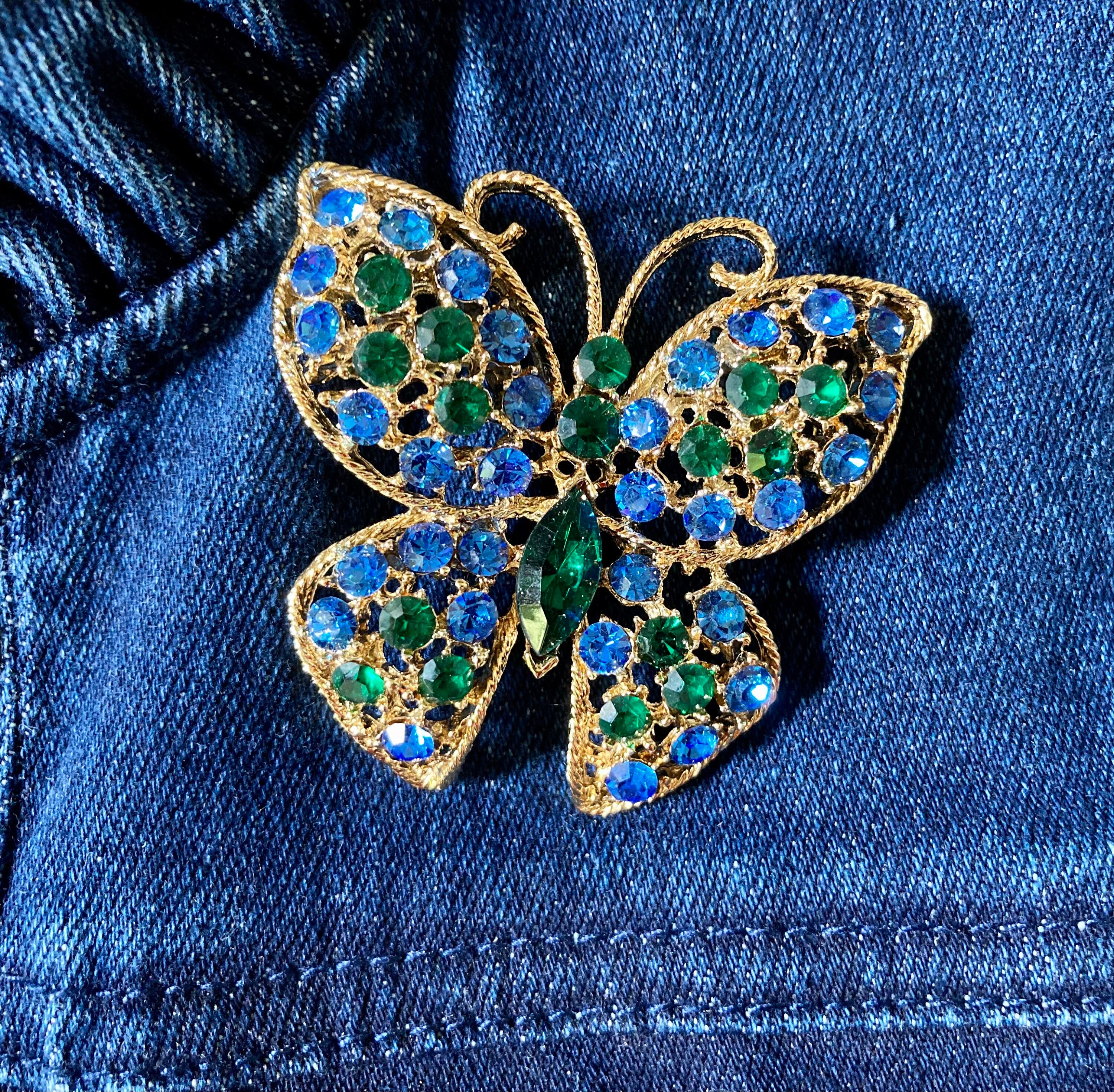 Broche Papillon Vintage - Strass Vert Clair - Grande Taille - Bon état - Occasion